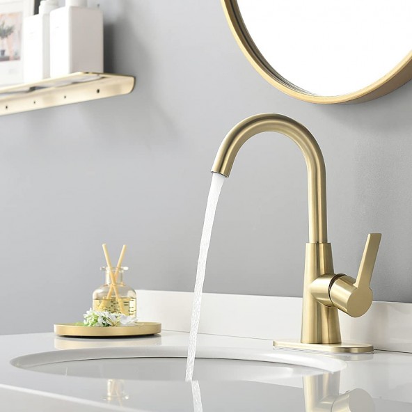 Brushed Gold Single-Handle 4 Inch Centrest Bathroom Sink Faucet with Deck Plate and Supply Hoses, Bar Sink Faucet