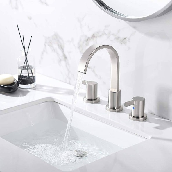 Brushed Nickel Waterfall 2-Handle 3-HoleWidespread Bathroom Faucet with Pop-up Drain and Valve