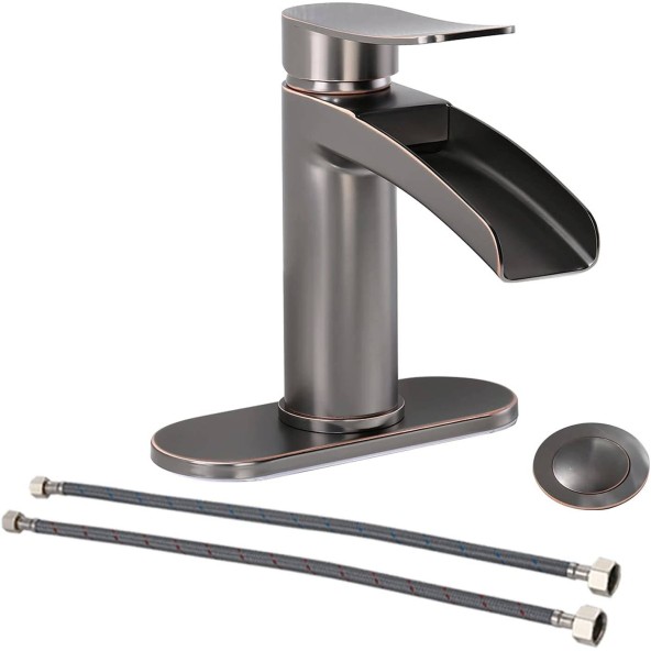 Phiestina Single Handle Black Stainless Steel Gold Waterfall Bathroom Sink Faucet, with 4-Inch Deck Plate & Metal Pop Up Drain