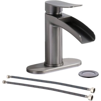 Phiestina Black Stainless Steel Single Handle Waterfall Bathroom Faucet by Phietsina, with 4-Inch Deck Plate & Metal Pop Up Drain 
