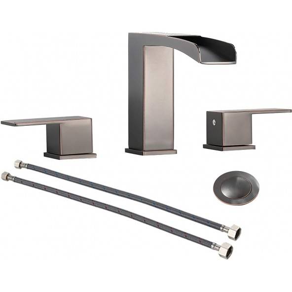 3 Holes 2 Handles 8-Inch Waterfall Bathroom Faucet in Black Stainless Steel Gold, with Metal Pop Up Drain &  Water Supply Lines