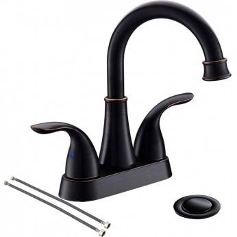 4 Inch 2 Handle Centerset Lead-Free Oil Rubbed Bronze Bathroom Sink Faucet, with Copper Pop Up Drain and Two Water Supply Lines
