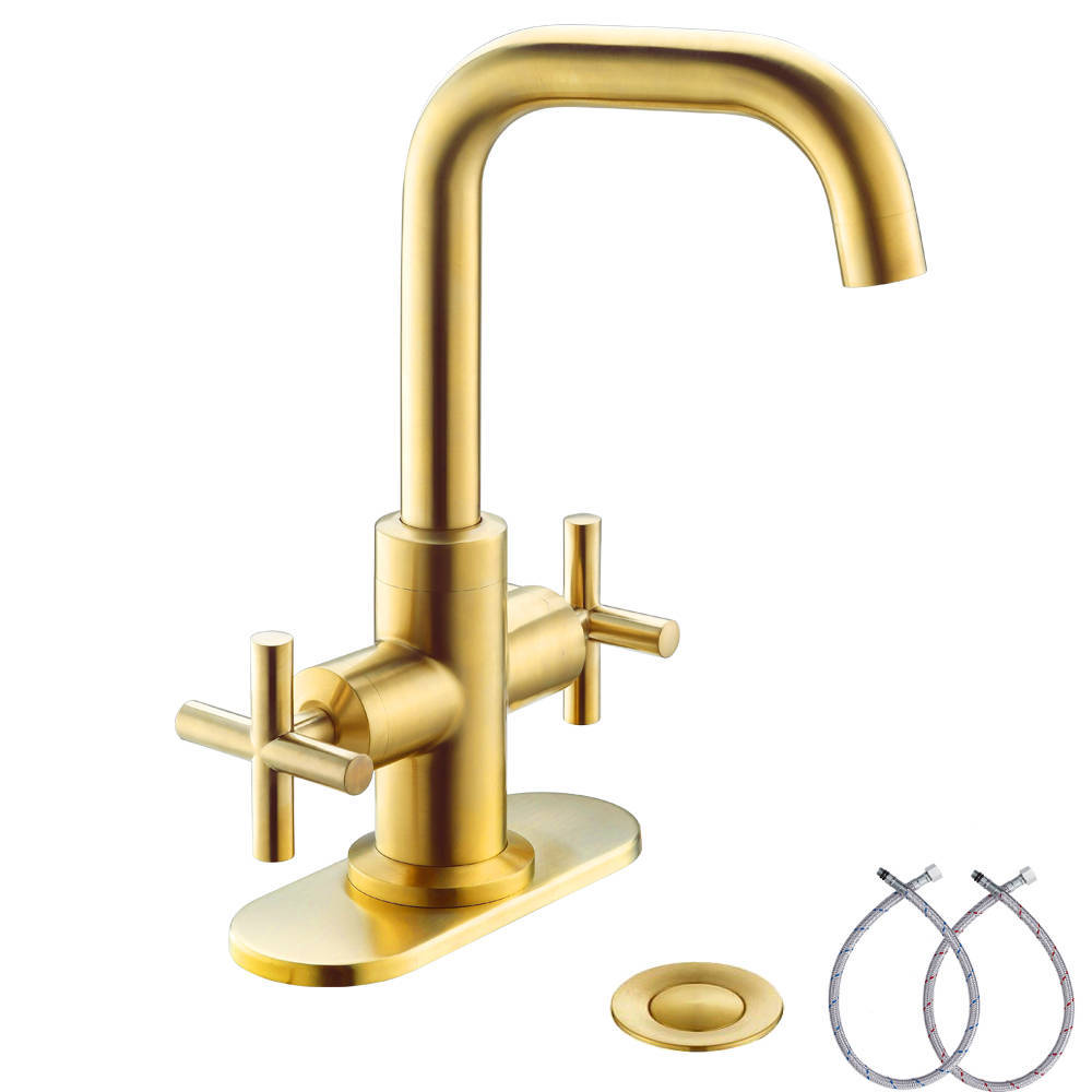 4 Inch 2 Handle Centerset Brushed Gold Bathroom Faucet With Drain