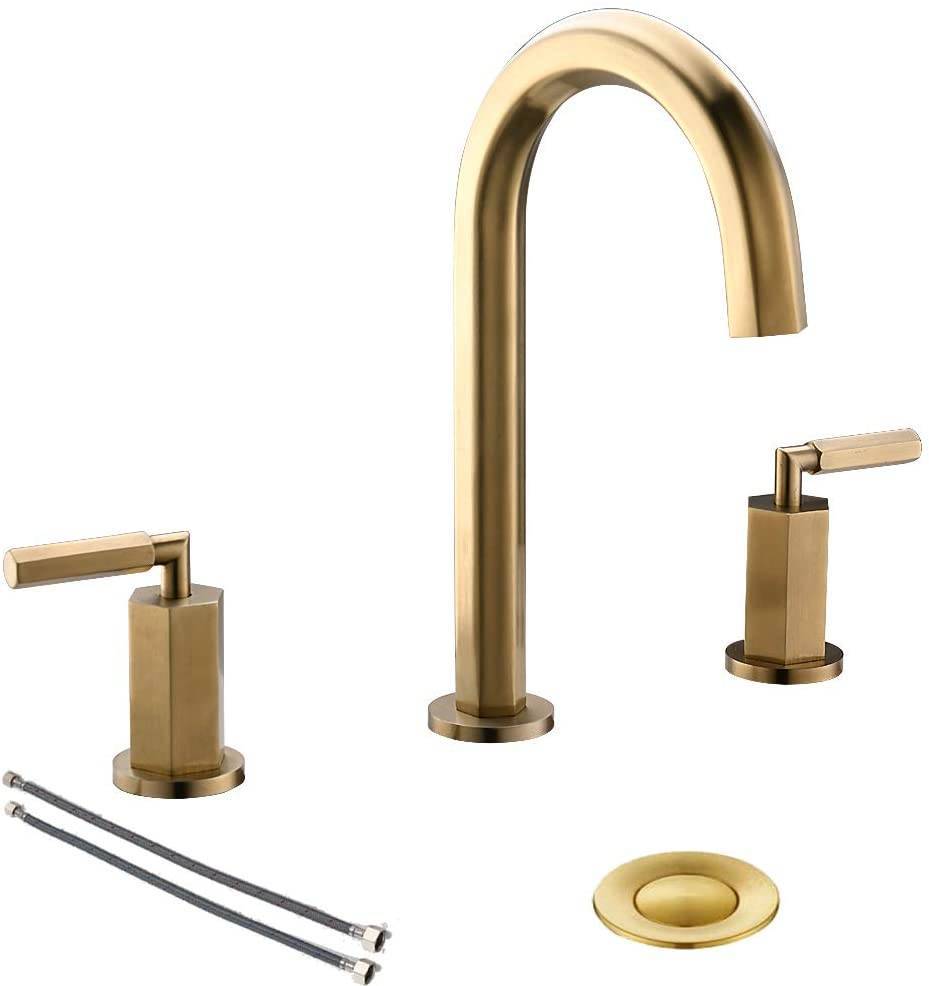 TRUSTMI Brushed Gold Bathroom Faucet 2 Knob Handle 8-Inch Widespread Brass Vanity Sink Faucet Overflow Pop Up Drain and cUPC Water Supply Lines Included 